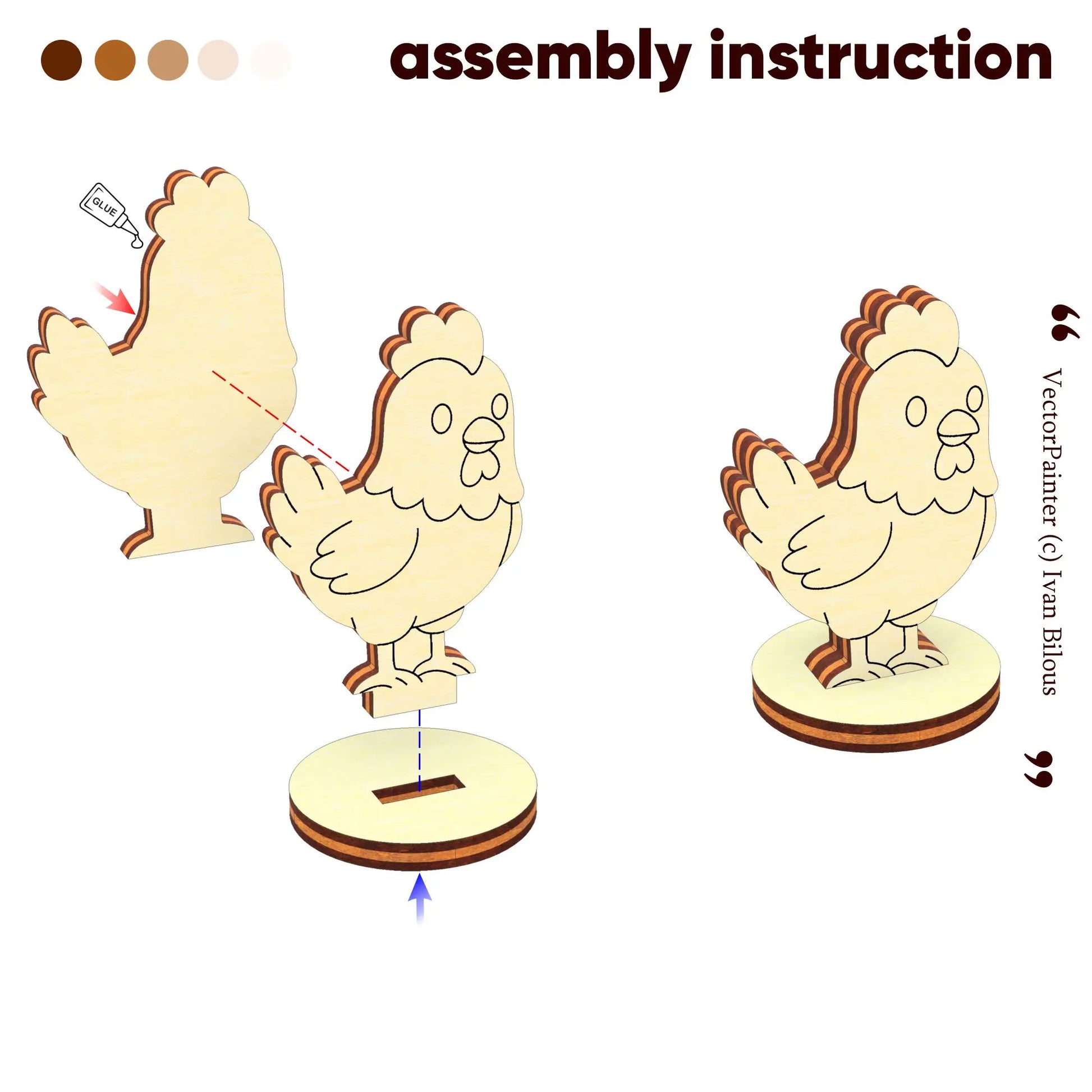 Step by step assembly instruction scheme for a laser cut plywood cute hen figurine showing layer gluing and stand slot.