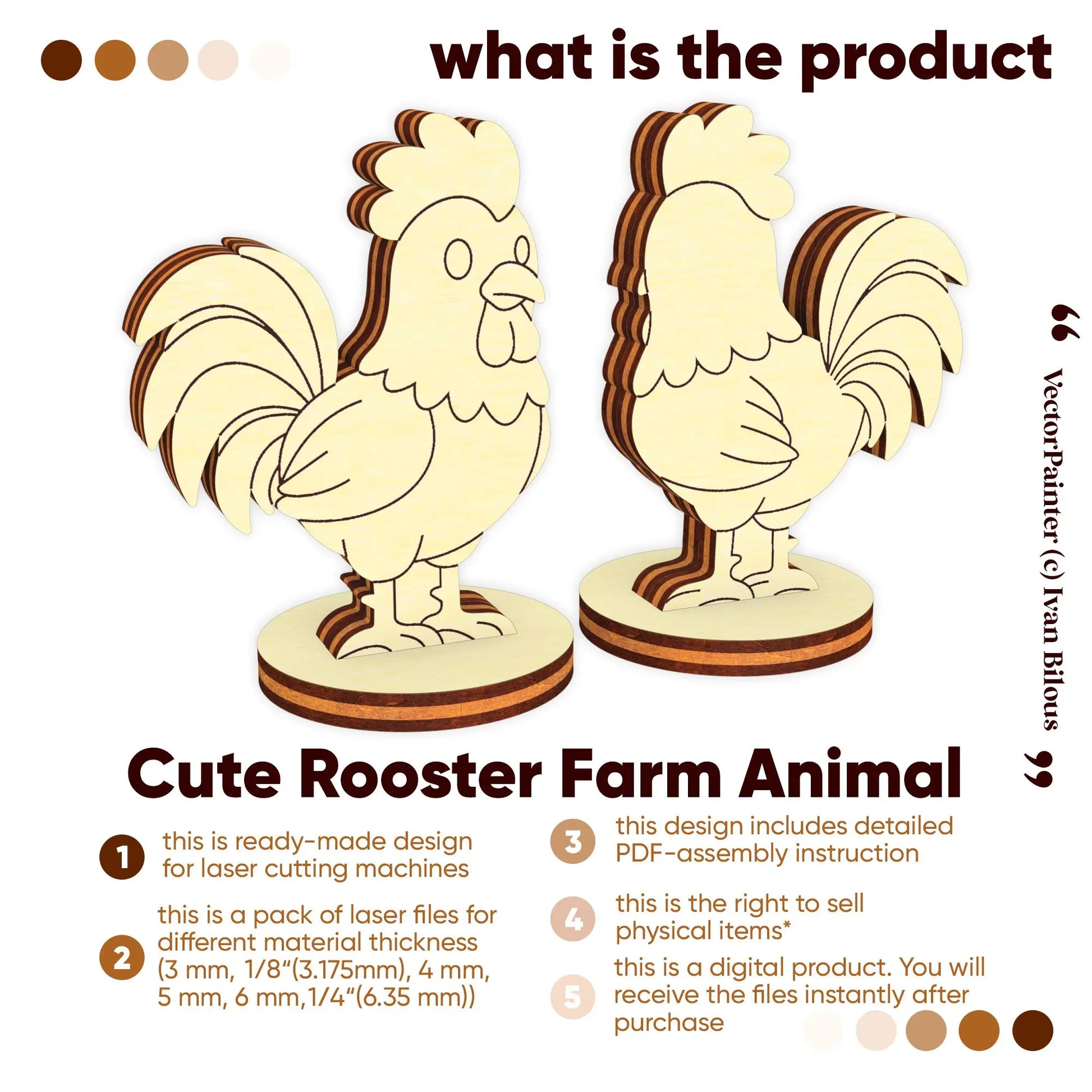 Cute rooster farm animal digital vector design info for laser cut plywood crafts, showcasing instant download file formats.