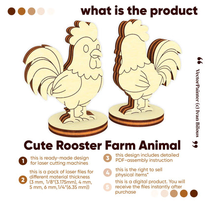 Cute rooster farm animal digital vector design info for laser cut plywood crafts, showcasing instant download file formats.