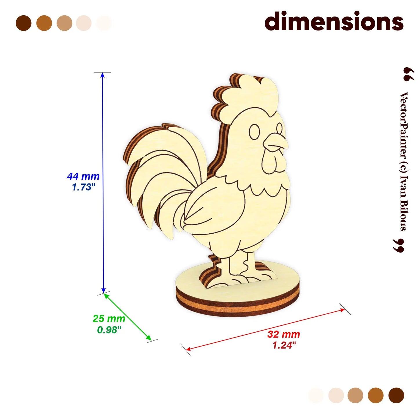 Laser cut plywood cute rooster miniature size chart infographic with exact height, width and depth dimensions in mm and inches.