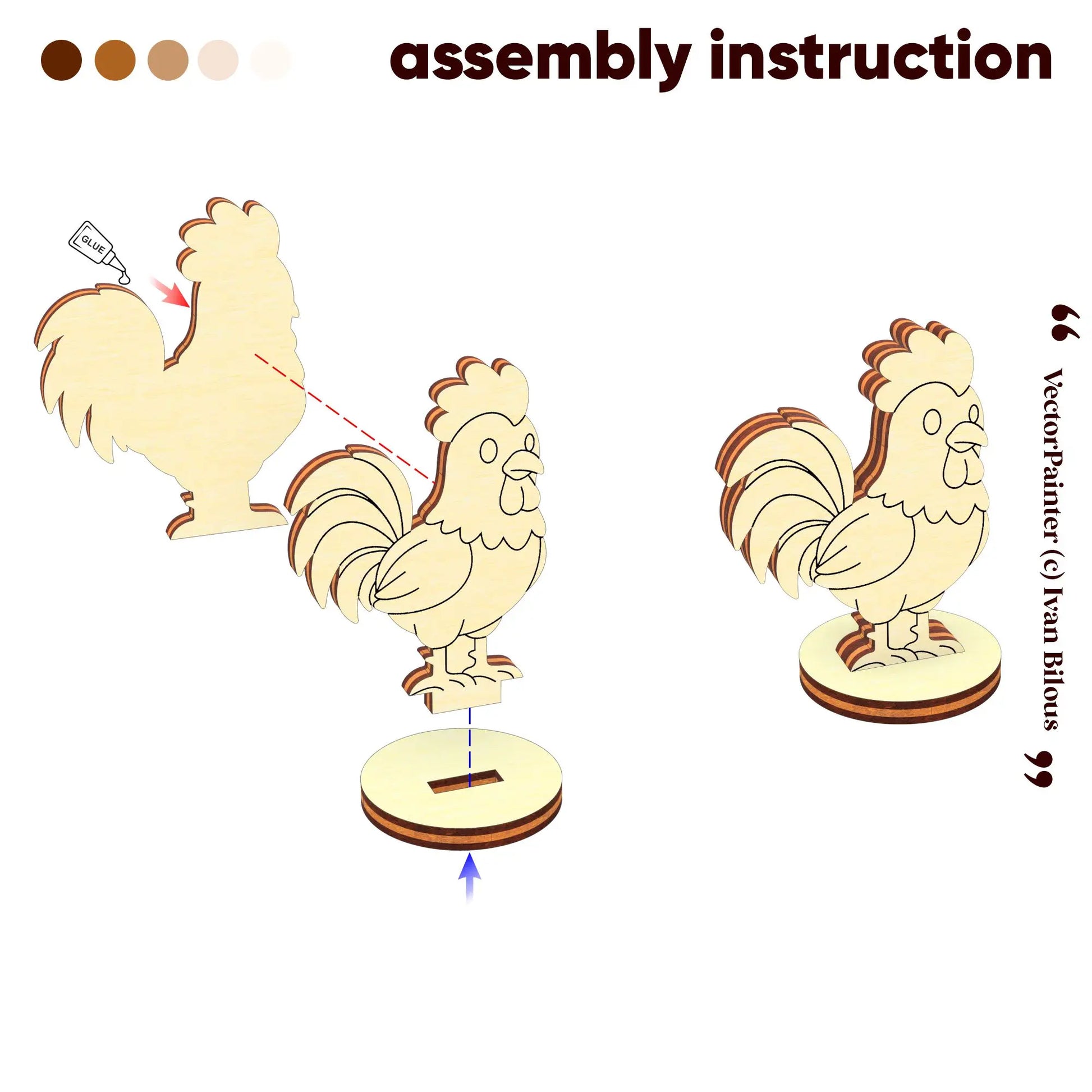 Step by step assembly instruction scheme for a laser cut plywood cute rooster figurine showing layer gluing and stand slot.