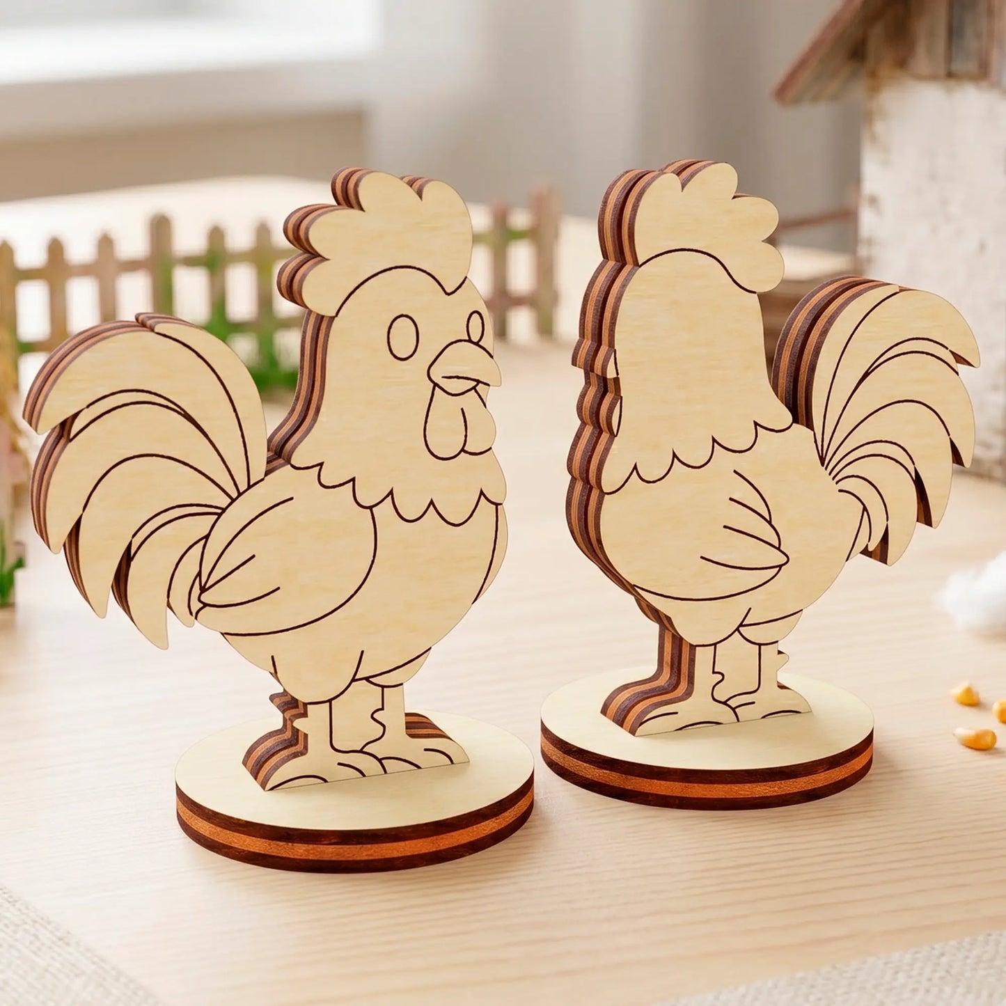 Two laser cut plywood cute rooster figures standing on a table near a tiny wooden fence, front and back view.