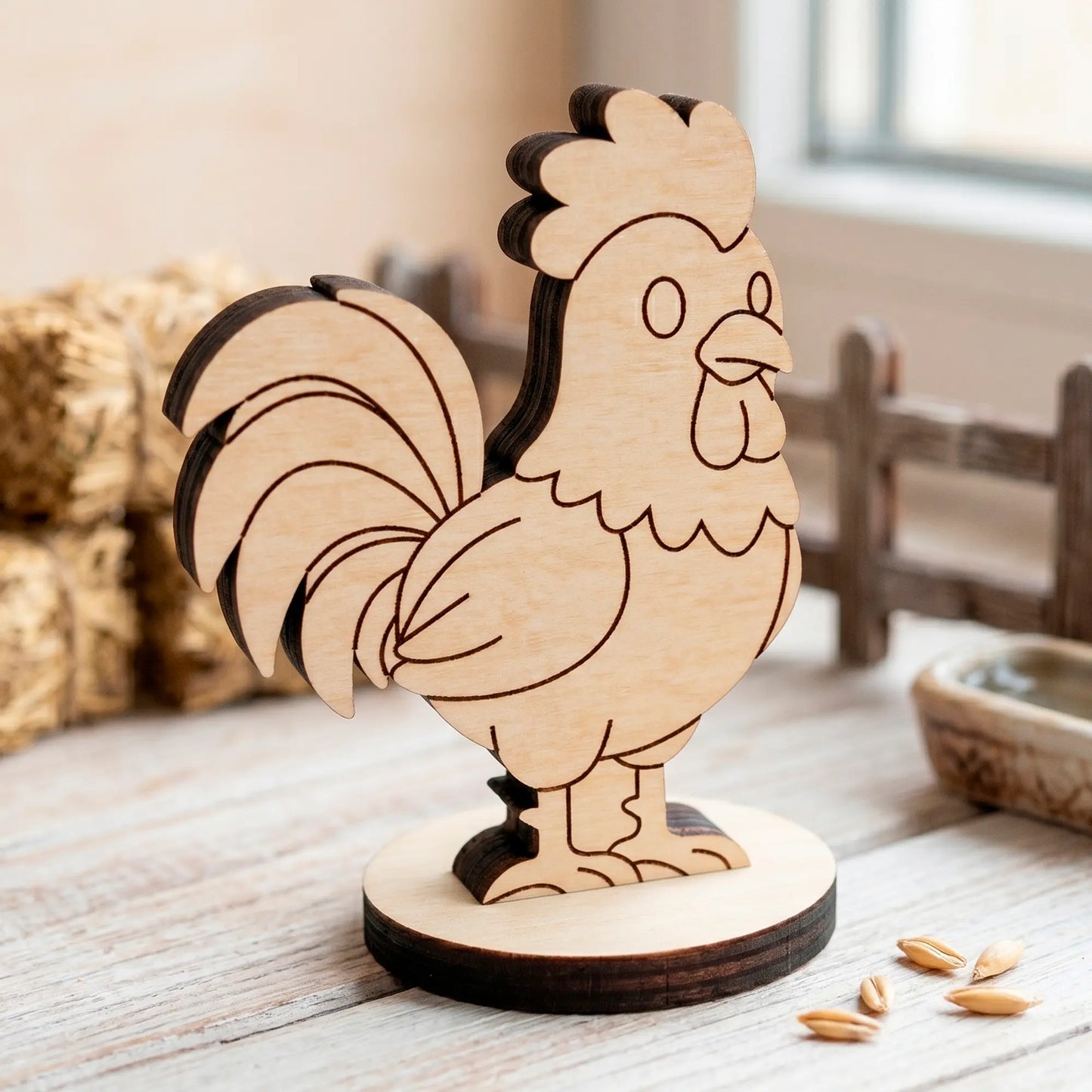 Laser cut plywood cute rooster miniature on a light surface with wheat grains near a small fence and blurred hay bales.