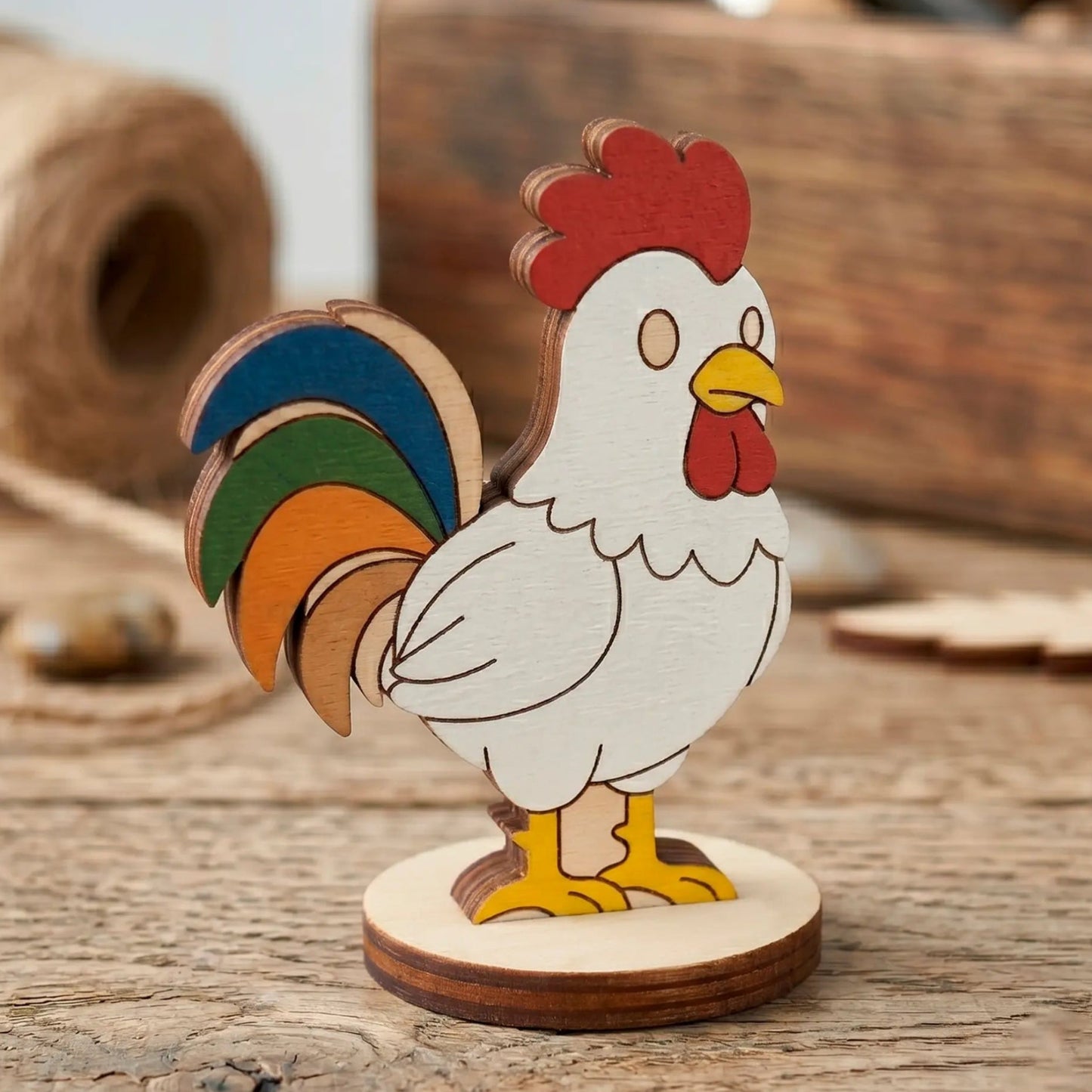 Brightly painted laser cut plywood cute rooster miniature with a colorful tail standing on a rustic wooden texture