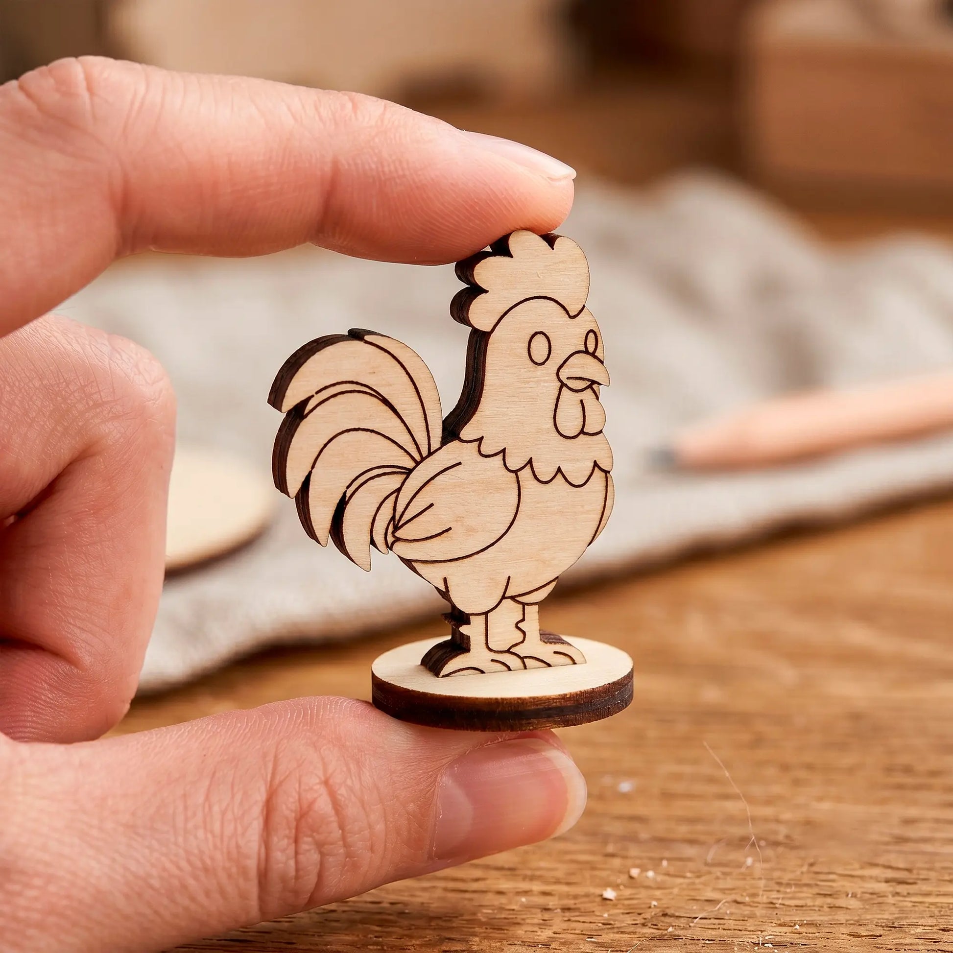 Two fingers holding a tiny laser cut plywood cute rooster figure, showing its miniature scale over a blurry workshop
