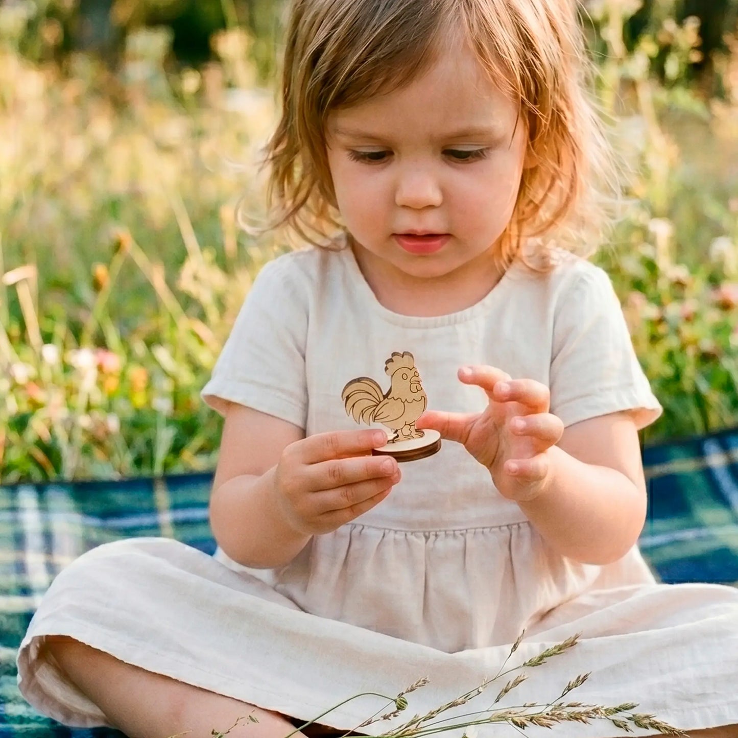 A little girl in a light summer dress holding a small laser cut plywood cute rooster toy while sitting on a picnic plaid.