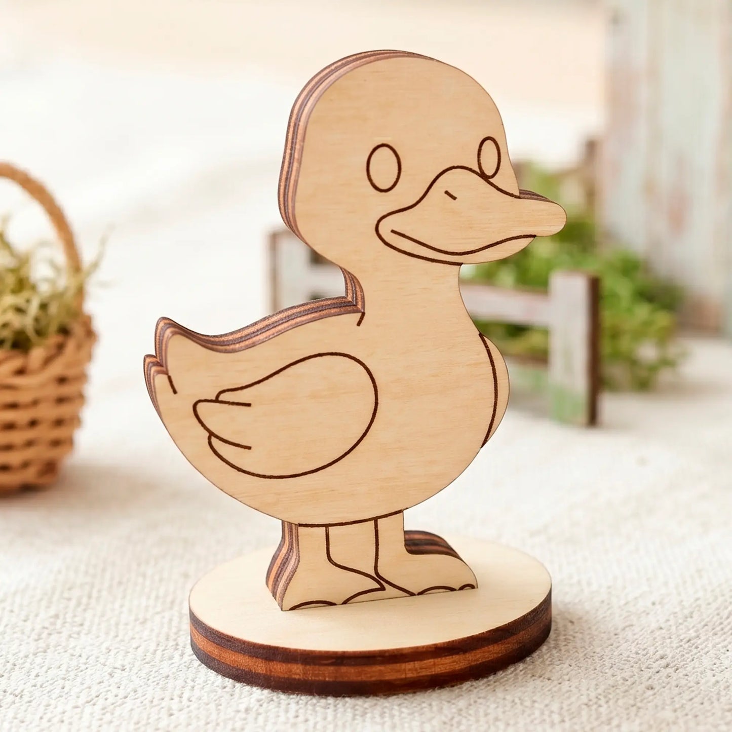 Laser cut plywood cute duck miniature standing on a textured textile cloth near a tiny blurred woven basket and fence