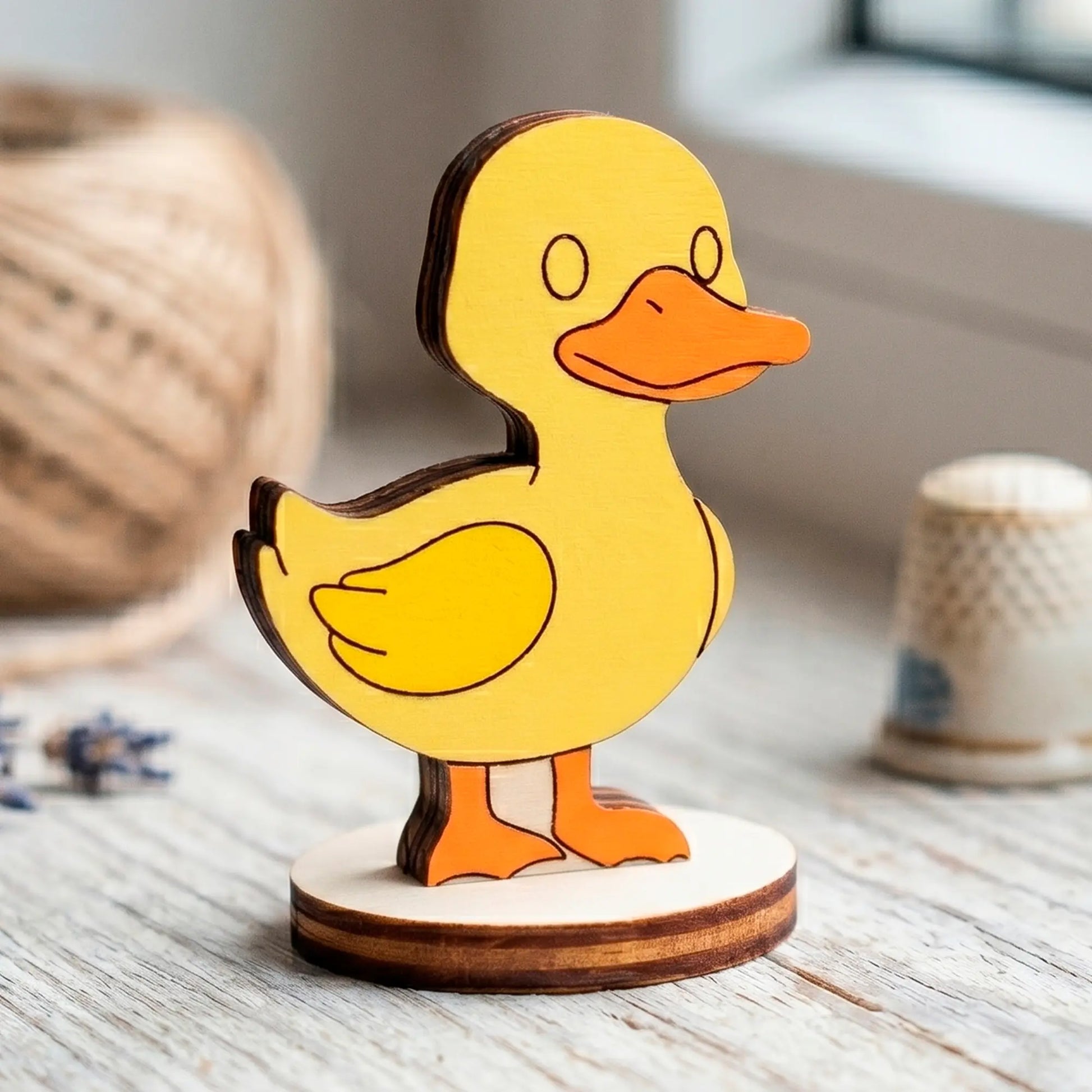 Brightly painted laser cut plywood cute duck miniature with an orange beak standing on a white wooden window sill backdrop