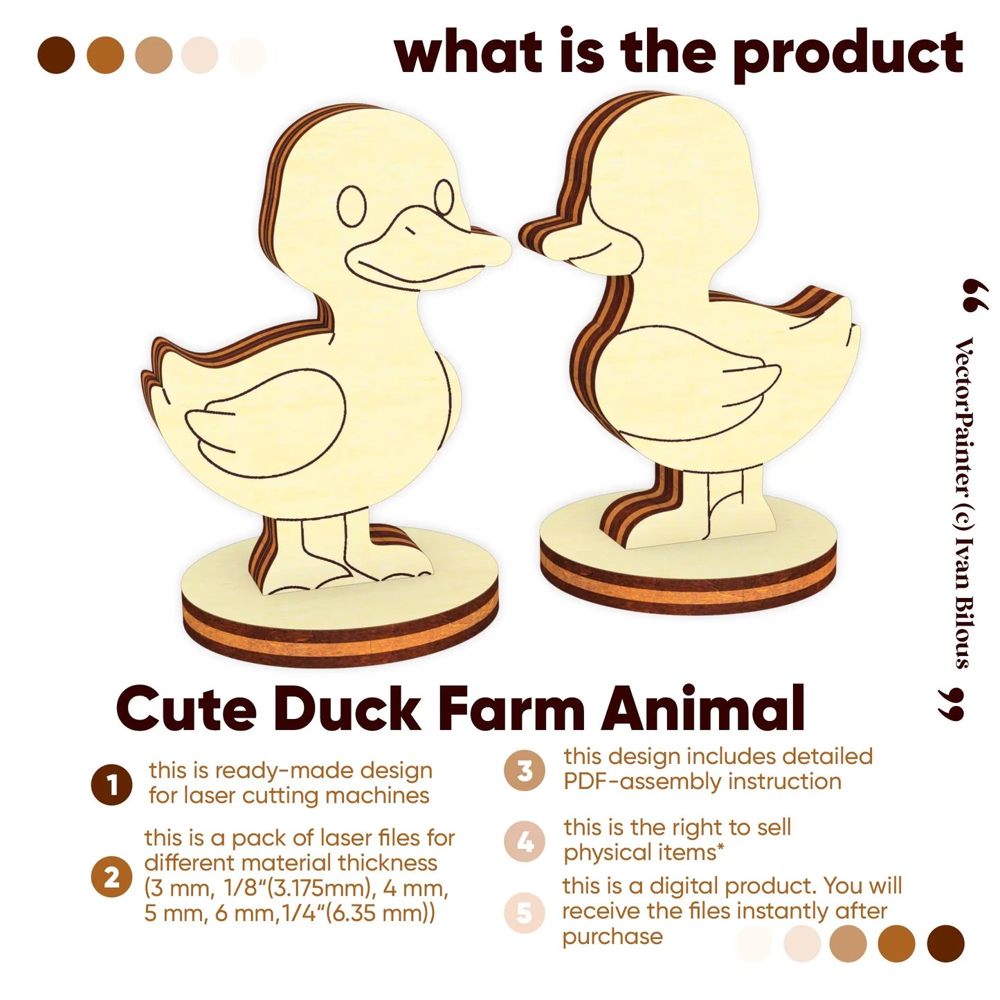 Cute duck farm animal digital vector design info for laser cut plywood crafts, showcasing instant download file formats.