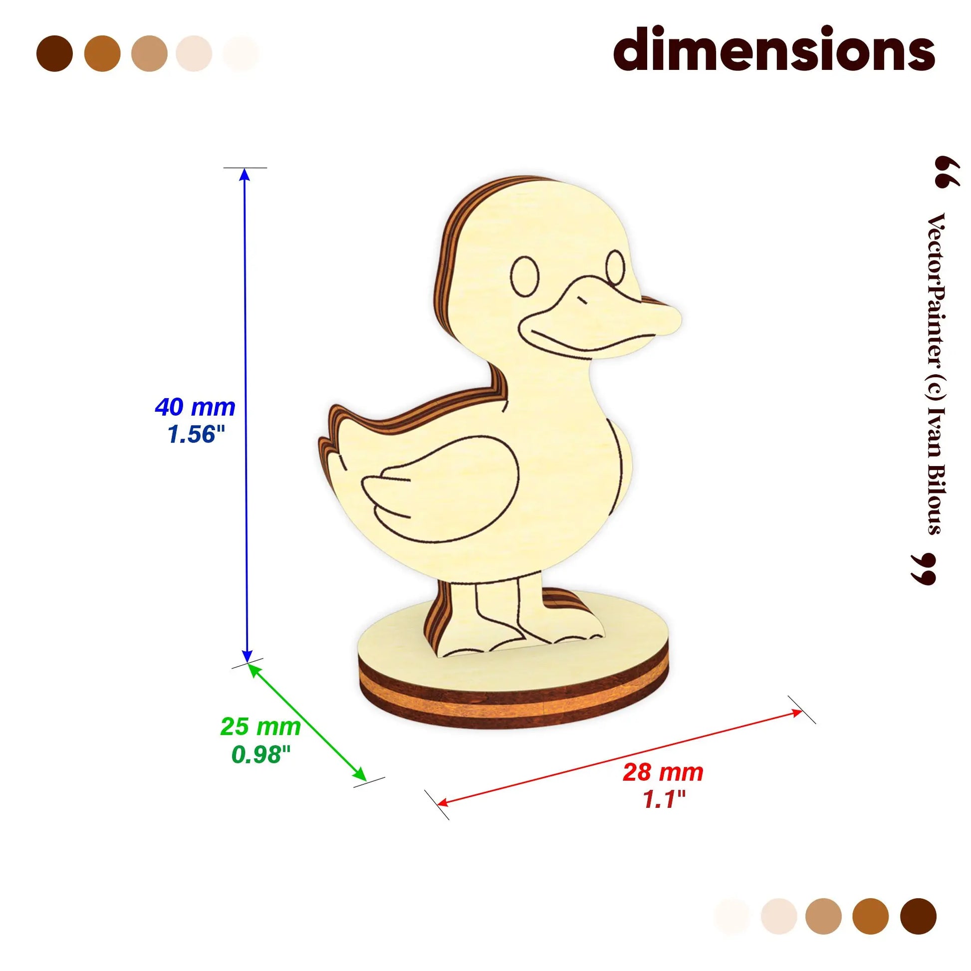 Laser cut plywood cute duck miniature size chart infographic with exact height, width and depth dimensions in mm and inches.