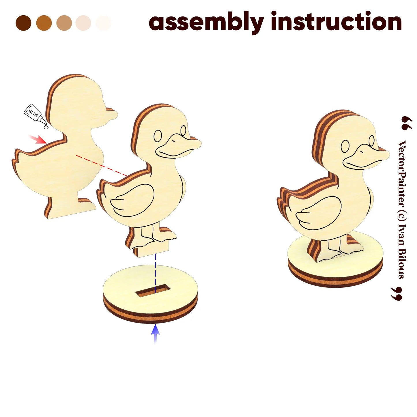 Step by step assembly instruction scheme for a laser cut plywood cute duck figurine showing layer gluing and stand slot.