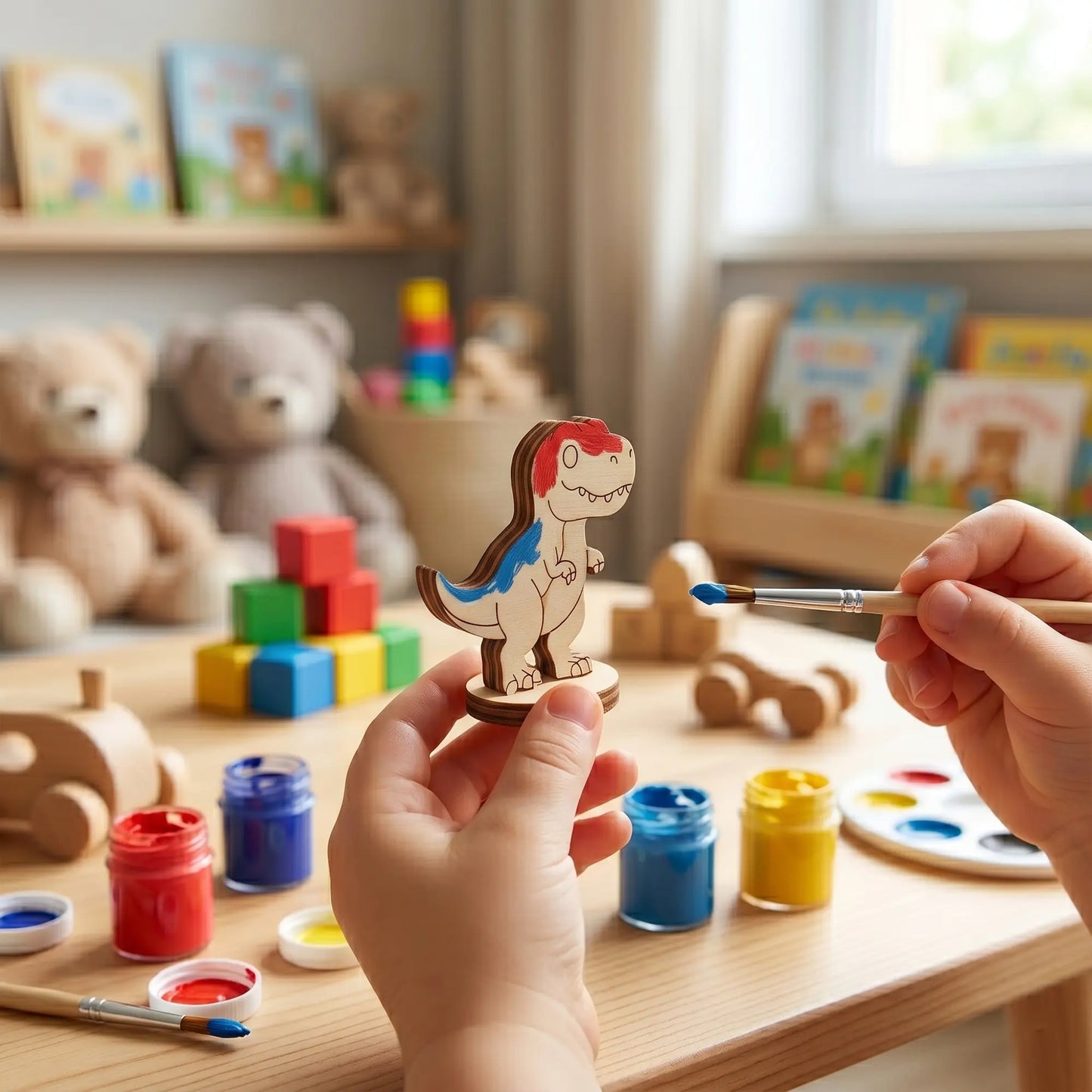 Close-up of a child painting a small laser cut plywood T-Rex dinosaur figurine with a brush and bright blue paint.