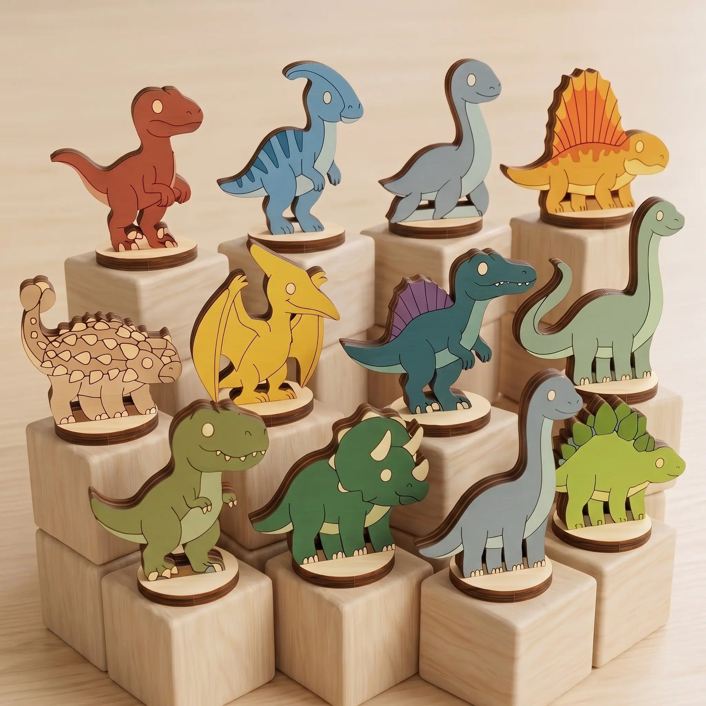 A collection of colorful painted laser cut plywood dinosaur figurines standing on a wooden table