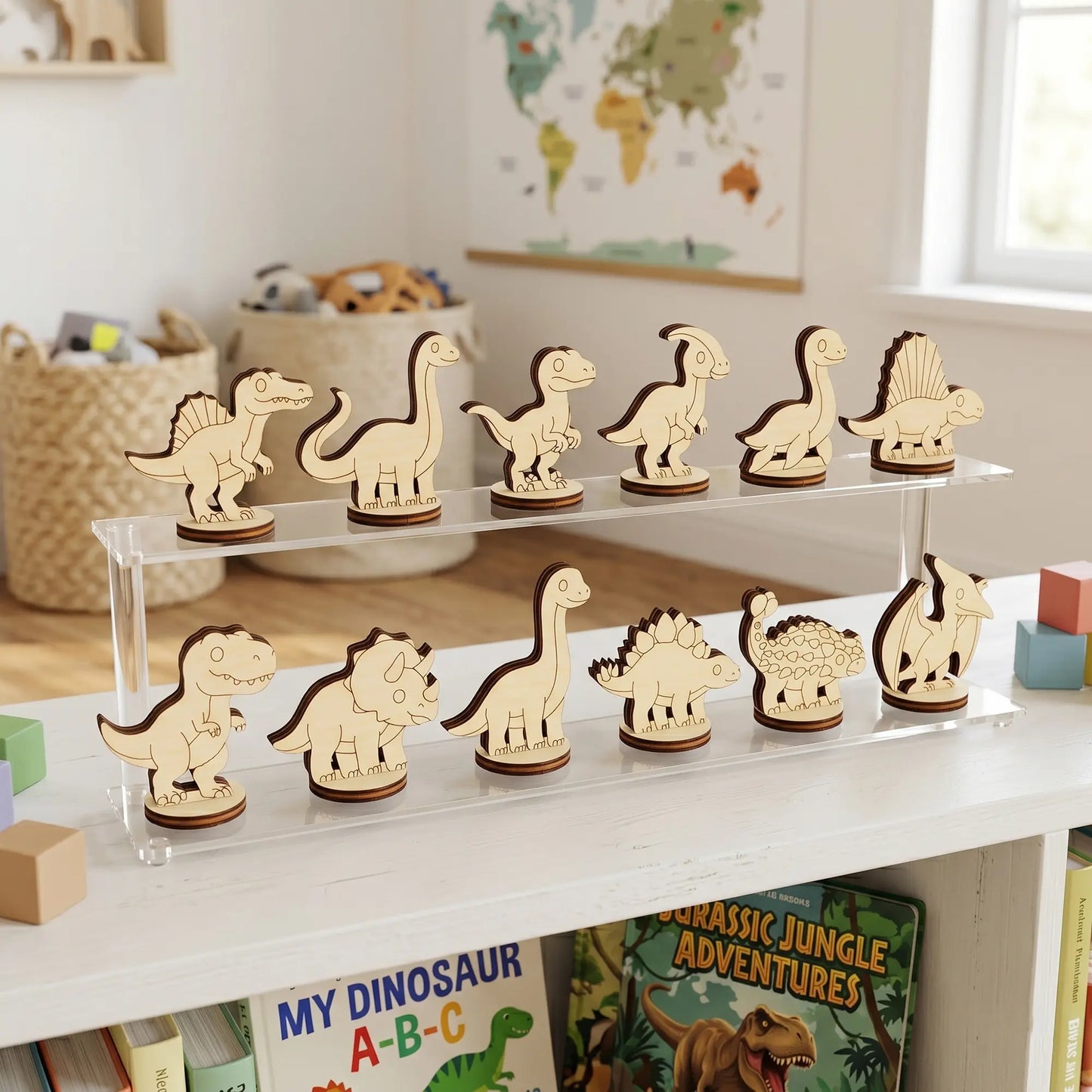 Laser cut plywood dinosaur toys displayed on a clear two-tier acrylic shelf inside a children's bedroom.