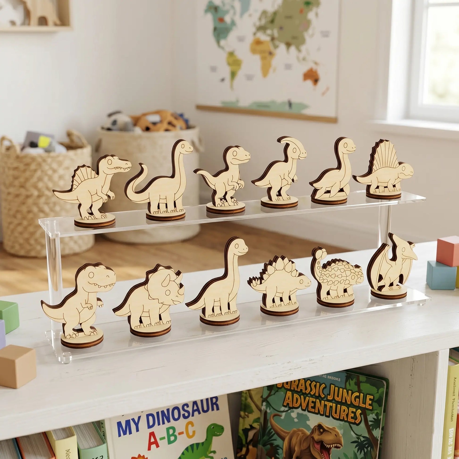 Laser cut plywood dinosaur toys displayed on a clear two-tier acrylic shelf inside a children's bedroom.