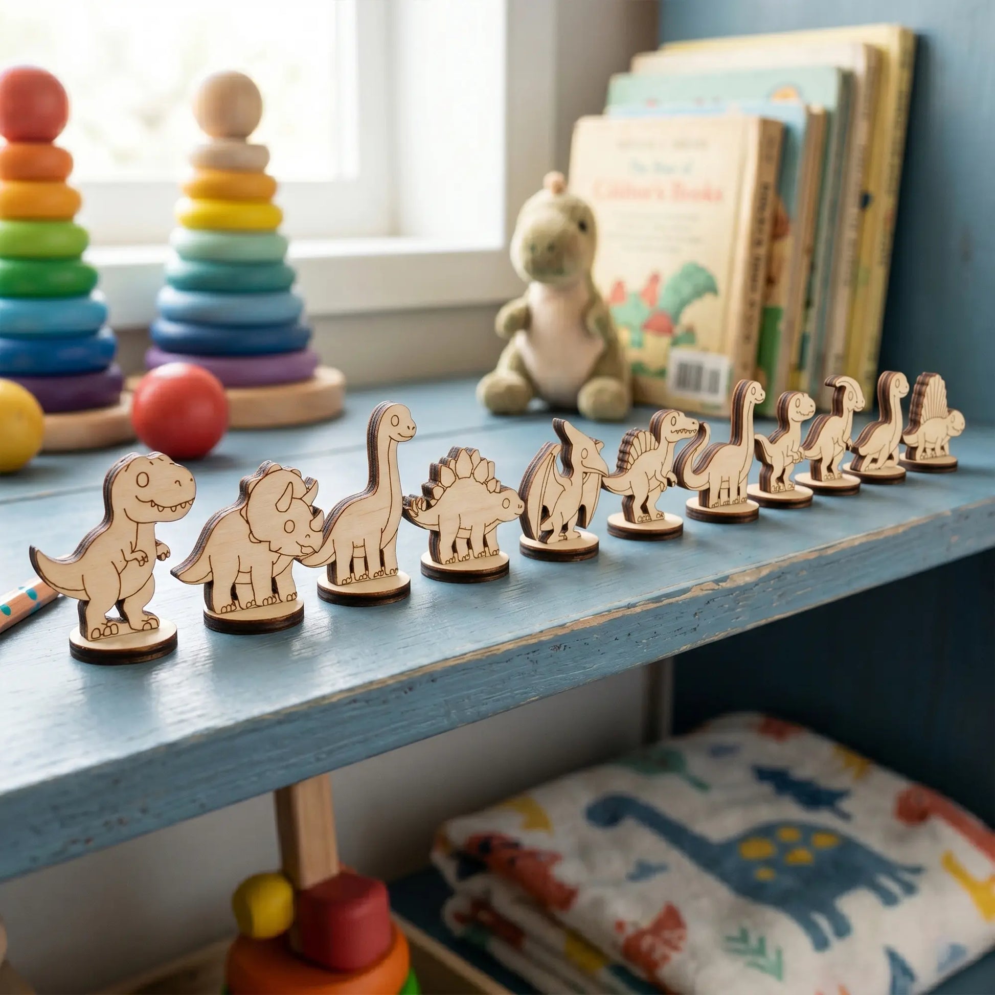 A long row of ten laser cut plywood dinosaur figurines lined up on a blue wooden shelf with children's books and toys.