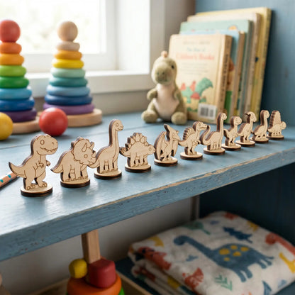 A long row of ten laser cut plywood dinosaur figurines lined up on a blue wooden shelf with children's books and toys.
