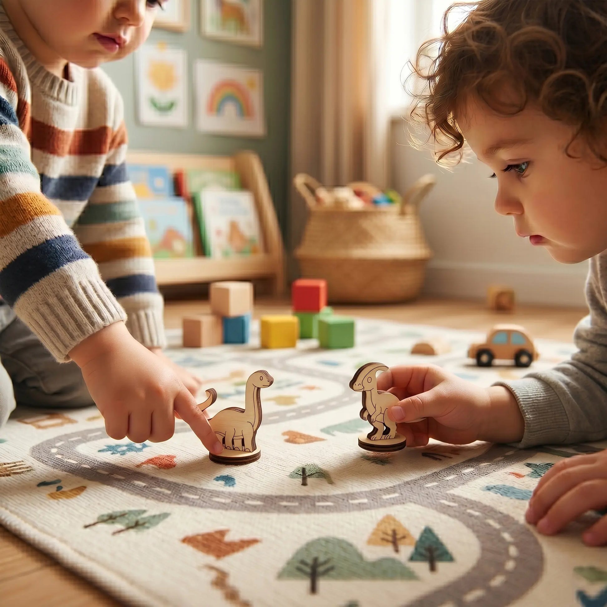 Two toddlers playing on a road map rug, holding and moving small laser cut plywood dinosaur figurines with their hands.