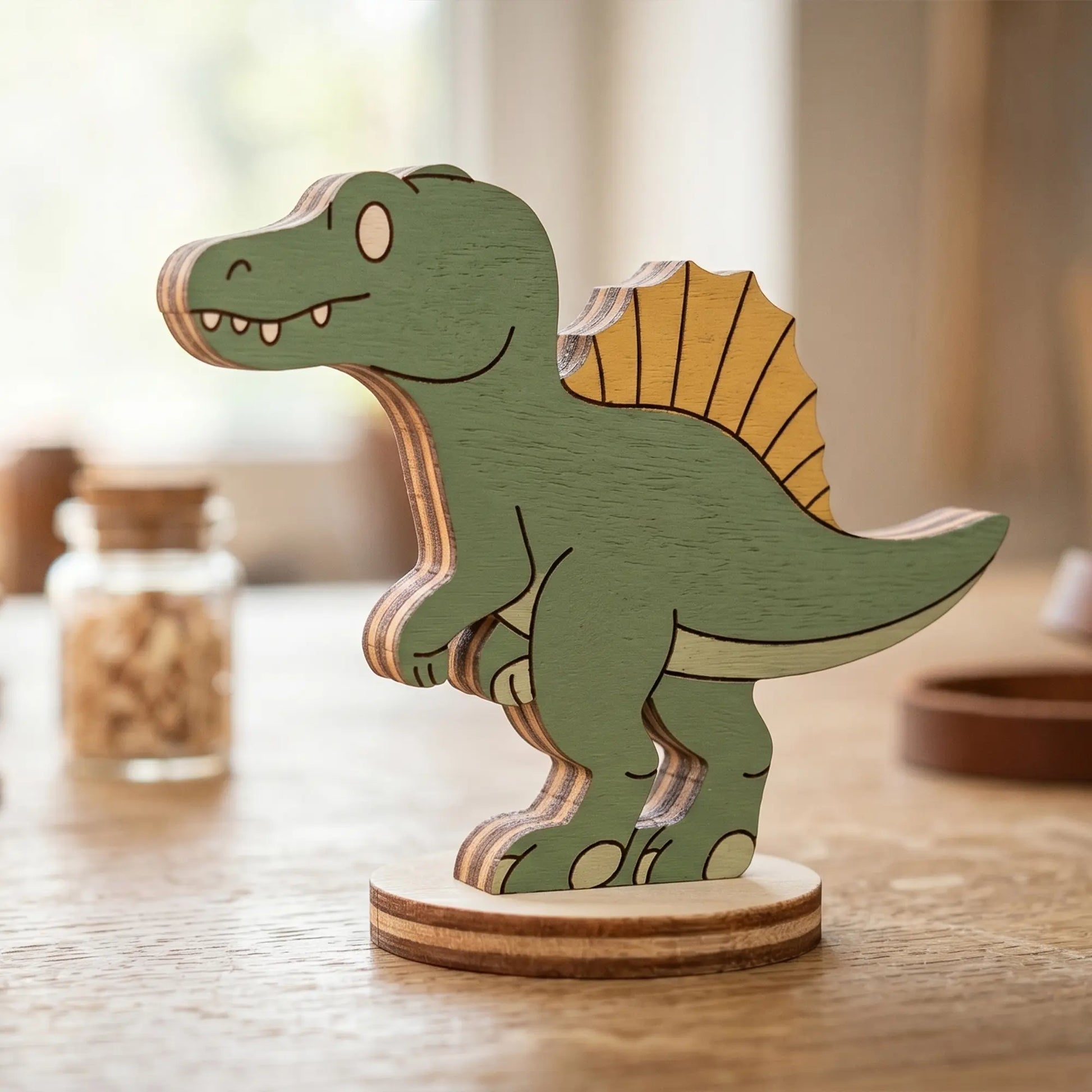 A single laser cut plywood spinosaurus dinosaur toy painted green and orange, standing on a wooden table surface.