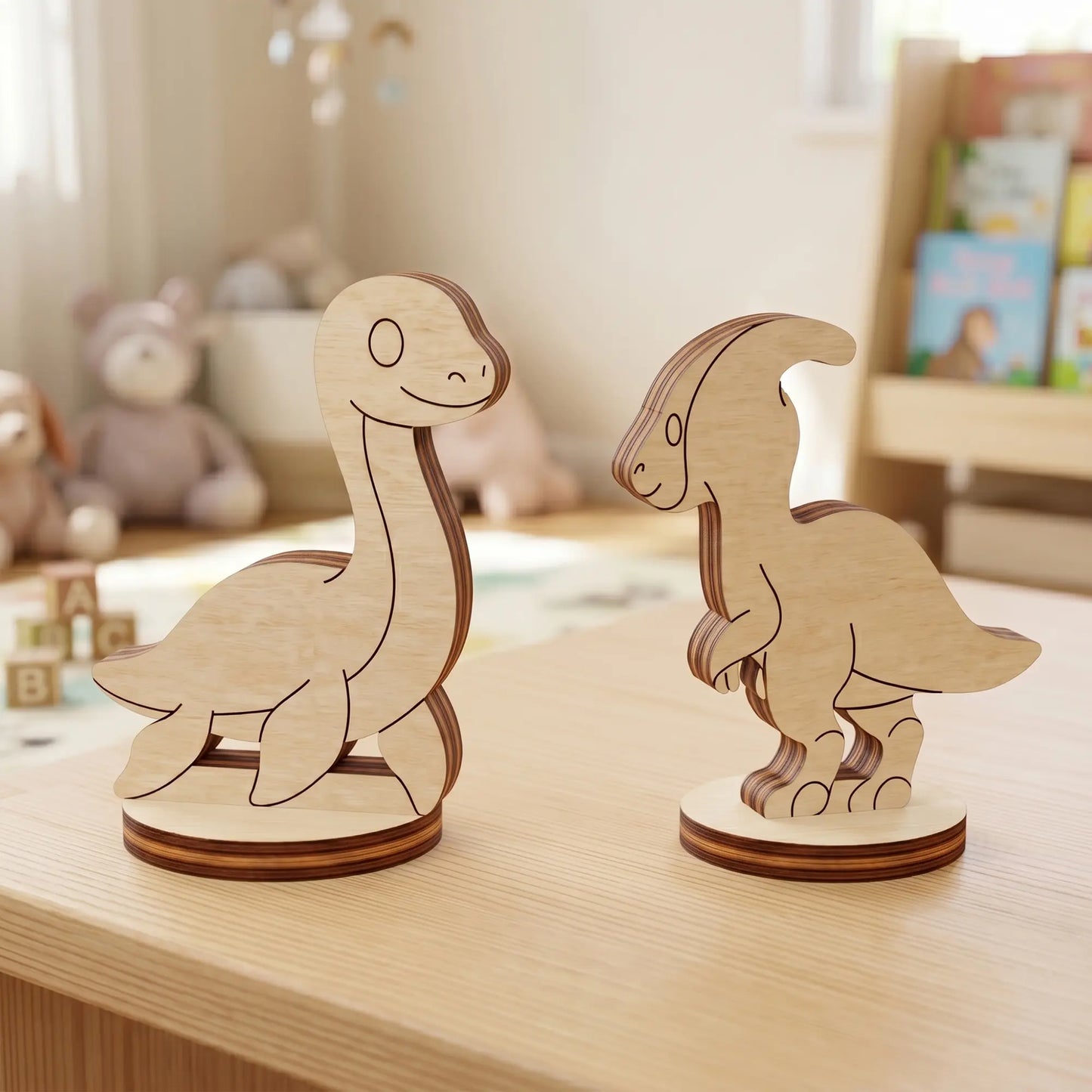 Two laser cut plywood dinosaur figurines, a plesiosaur and a parasaurolophus, standing on a light wooden table top.