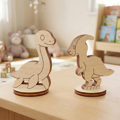 Two laser cut plywood dinosaur figurines, a plesiosaur and a parasaurolophus, standing on a light wooden table top.