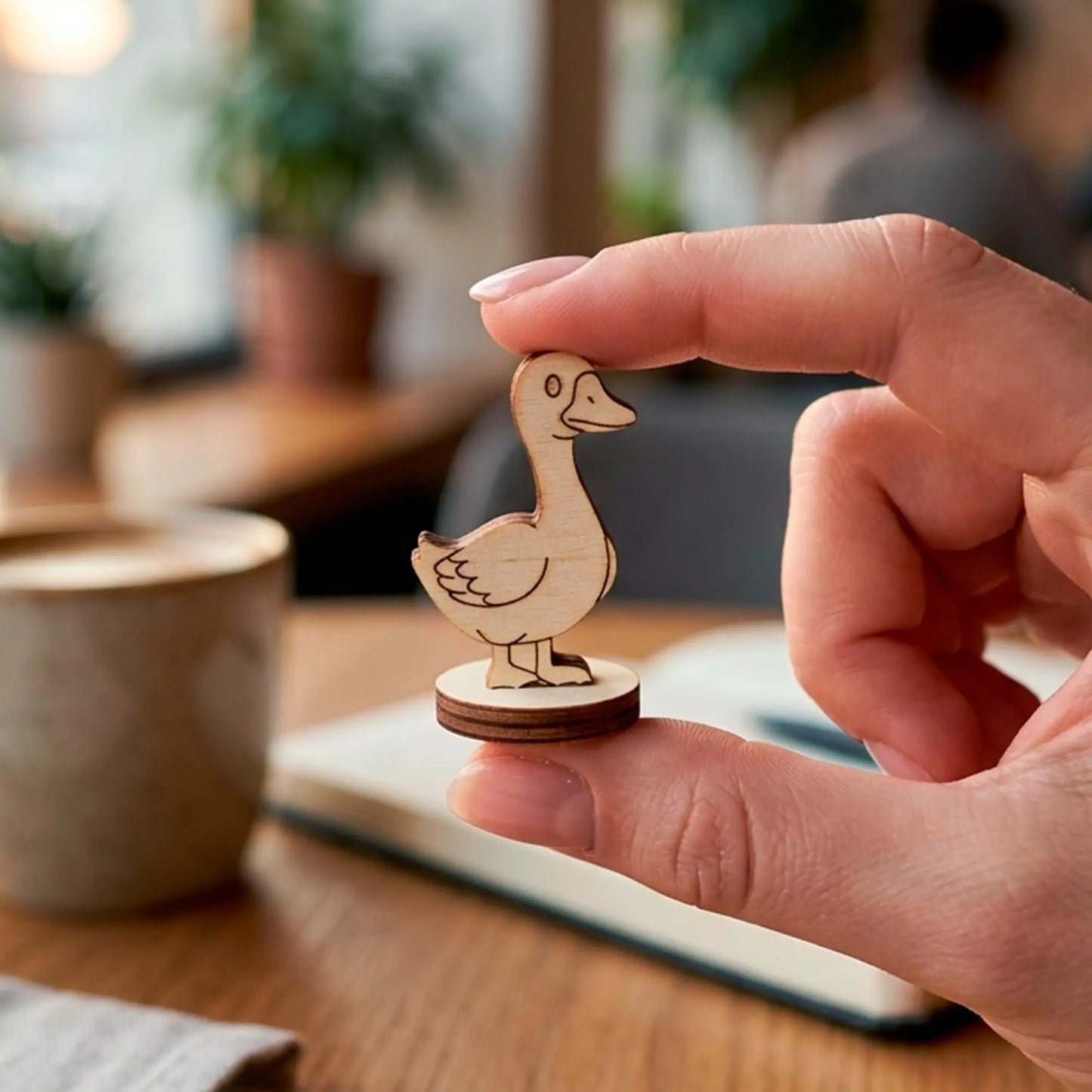 A person holding a tiny laser cut plywood goose miniature between fingers in a cozy coffee shop setting with a notebook.