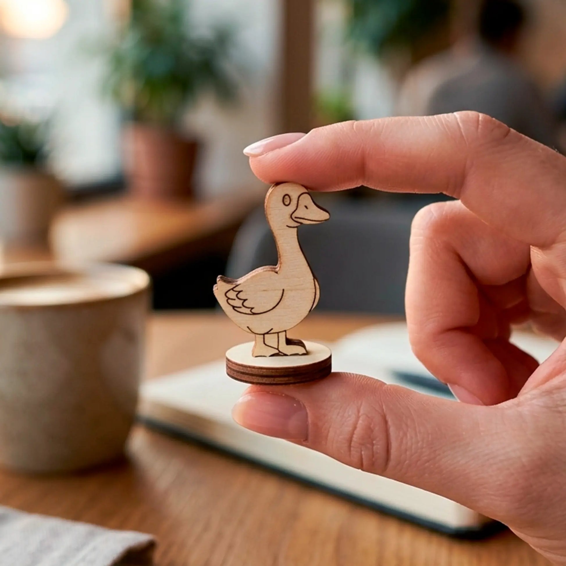 A person holding a tiny laser cut plywood goose miniature between fingers in a cozy coffee shop setting with a notebook.