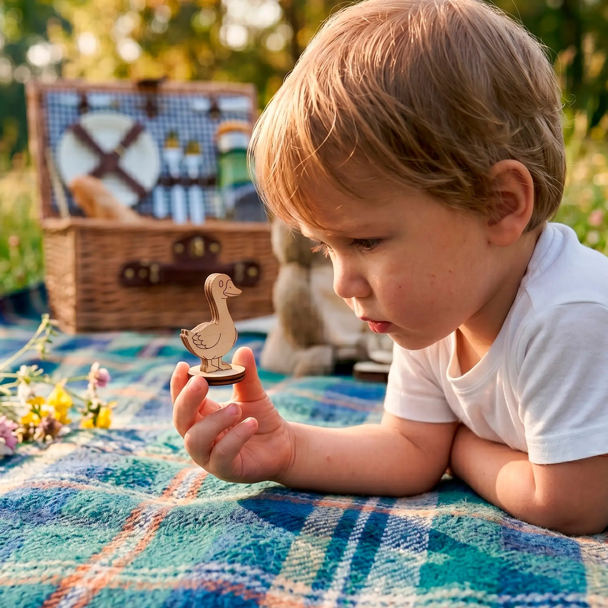 Little boy lying on a picnic blanket in nature, holding and looking closely at a small laser cut plywood goose toy.