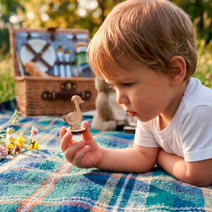 Little boy lying on a picnic blanket in nature, holding and looking closely at a small laser cut plywood goose toy.