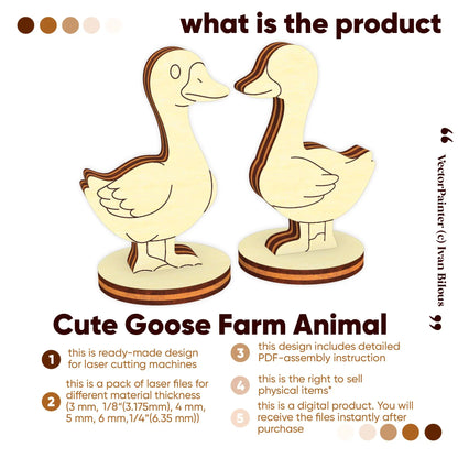 Product info for cute goose farm animal laser cut plywood digital files for 3mm to 6.35mm materials with PDF guide.
