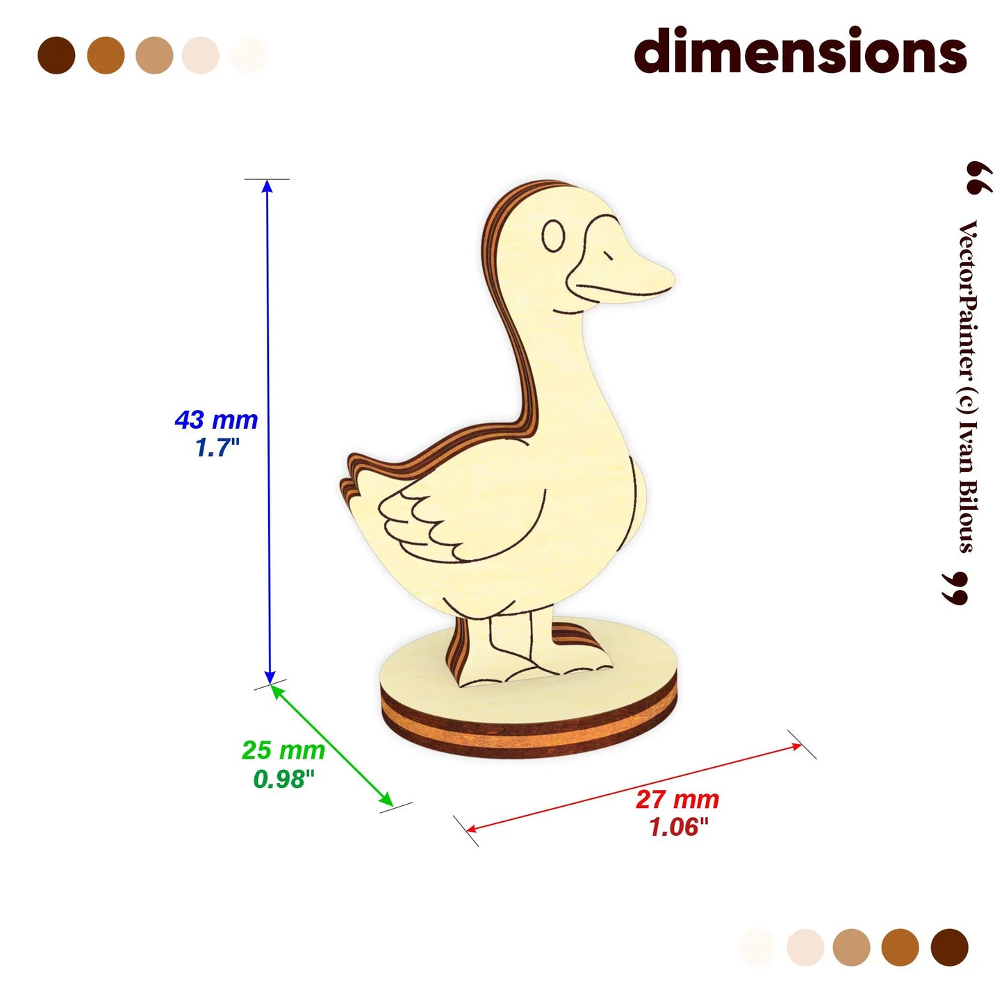 Dimensions infographic for a laser cut plywood goose standing toy, showing 43mm height, 27mm length, and 25mm width.