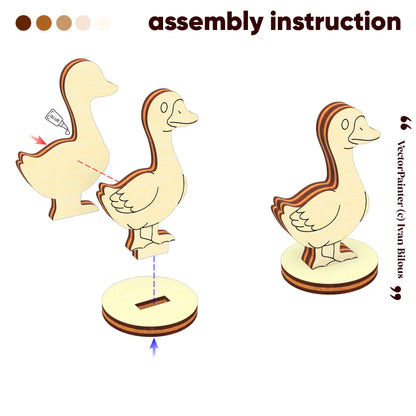 Step by step assembly instruction diagram showing how to glue and mount the laser cut plywood goose onto its stand.