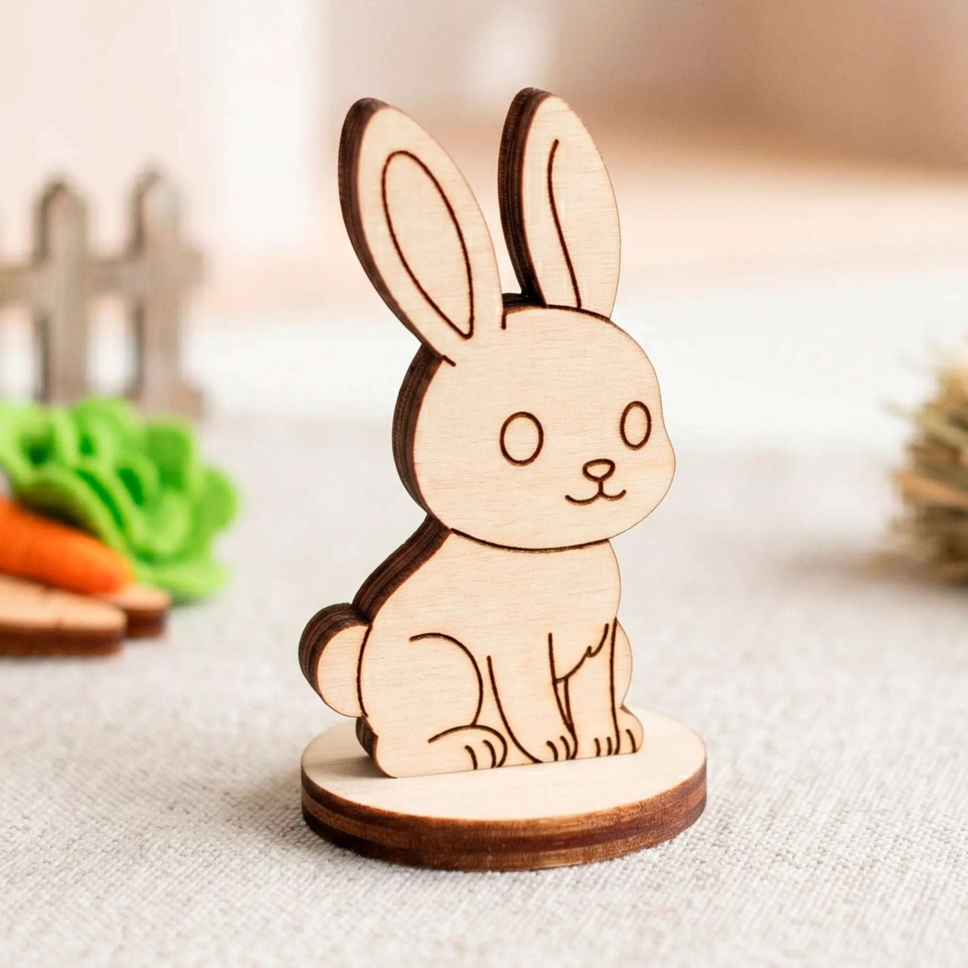 A laser cut plywood bunny figurine on a round base with a blurred miniature fence and felt carrot in the background.