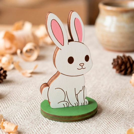 White painted laser cut plywood rabbit toy with pink ears standing on a green circular base among wooden shavings.