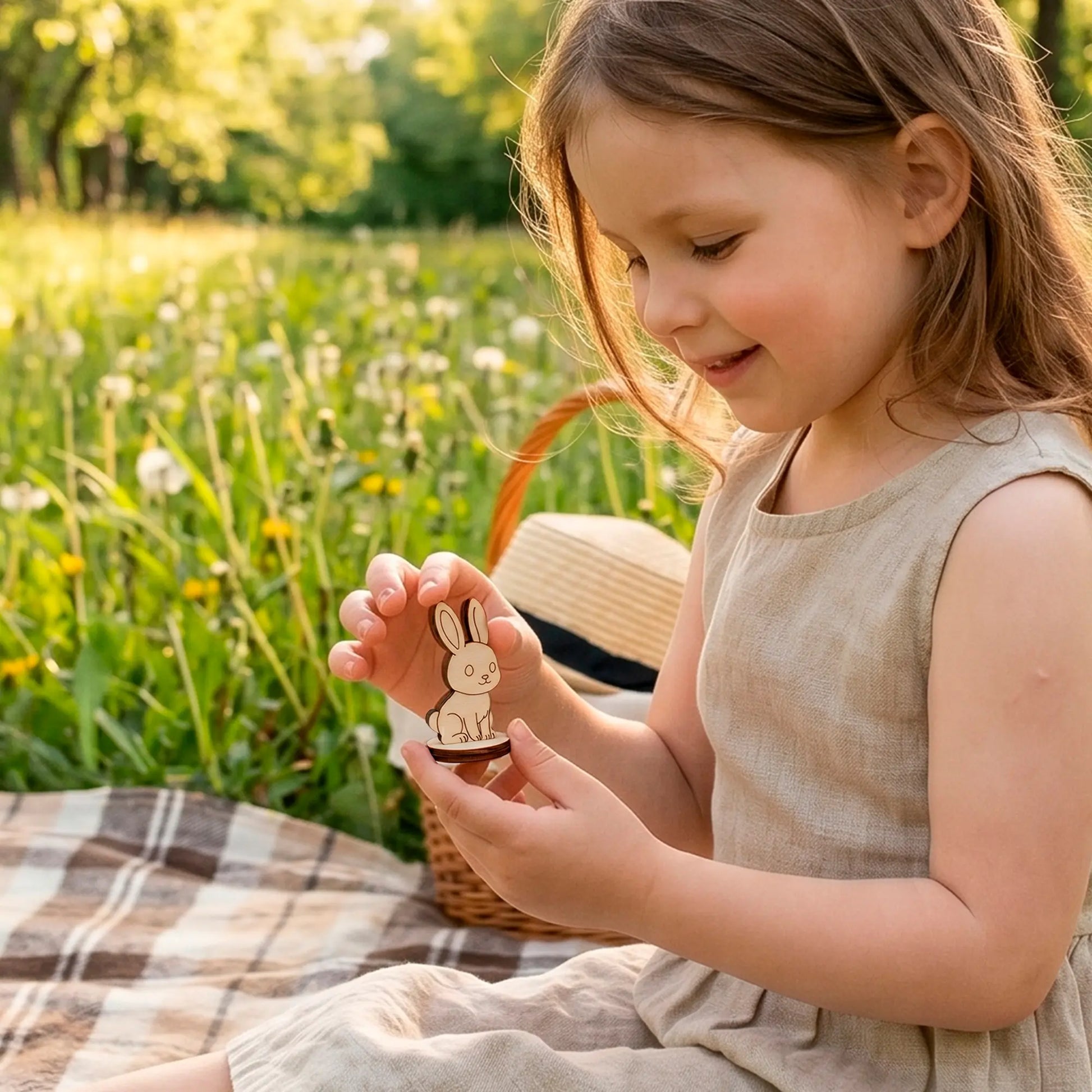 Smiling little girl sitting on a checkered picnic blanket in a summer field, holding a tiny laser cut plywood bunny.