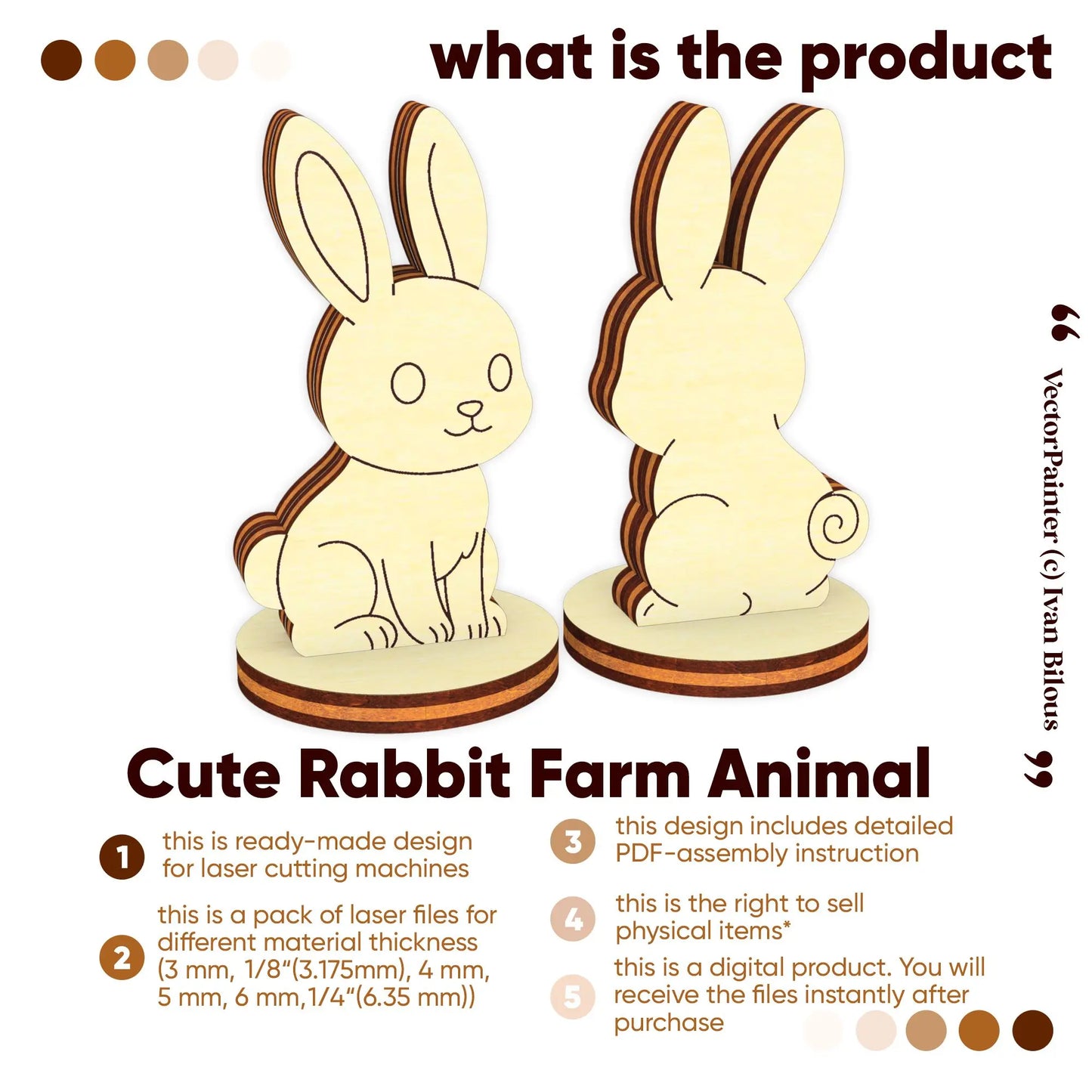 Product information infographic for a cute rabbit laser cut plywood digital vector template pack with a PDF guide.