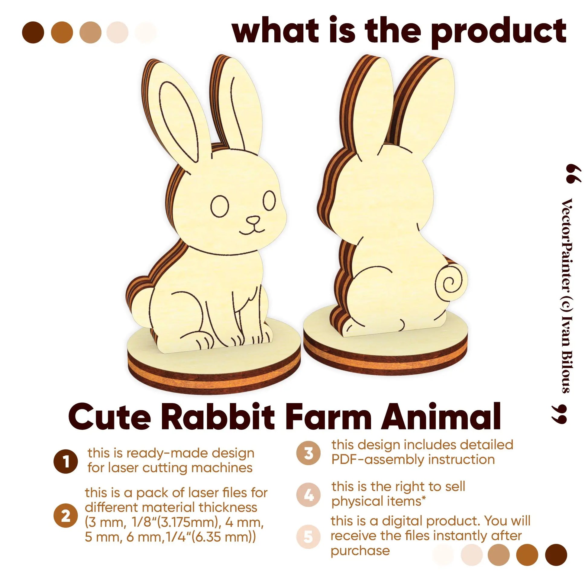 Product information infographic for a cute rabbit laser cut plywood digital vector template pack with a PDF guide.