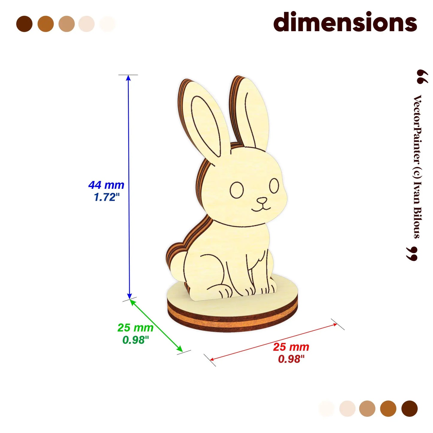Size chart infographic for a laser cut plywood rabbit figurine showing 44mm height, 25mm length, and 25mm thickness.