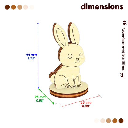 Size chart infographic for a laser cut plywood rabbit figurine showing 44mm height, 25mm length, and 25mm thickness.