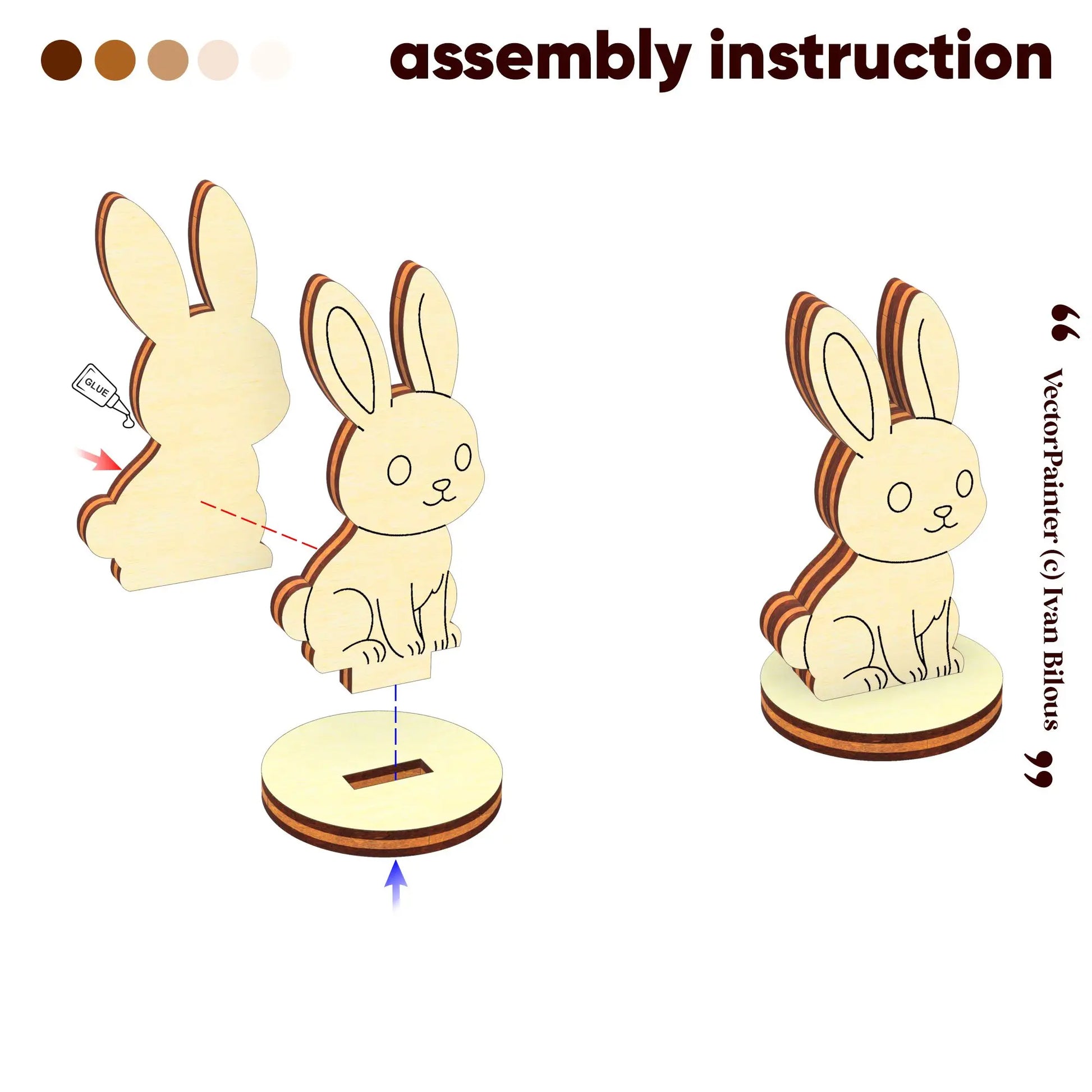 Step by step assembly instruction infographic illustrating how to assemble the laser cut plywood rabbit onto its base.
