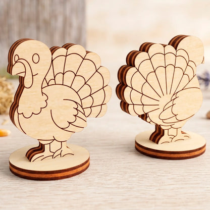 Two laser cut plywood turkey figurines standing on round bases, showing front-three-quarter and back detailed views.