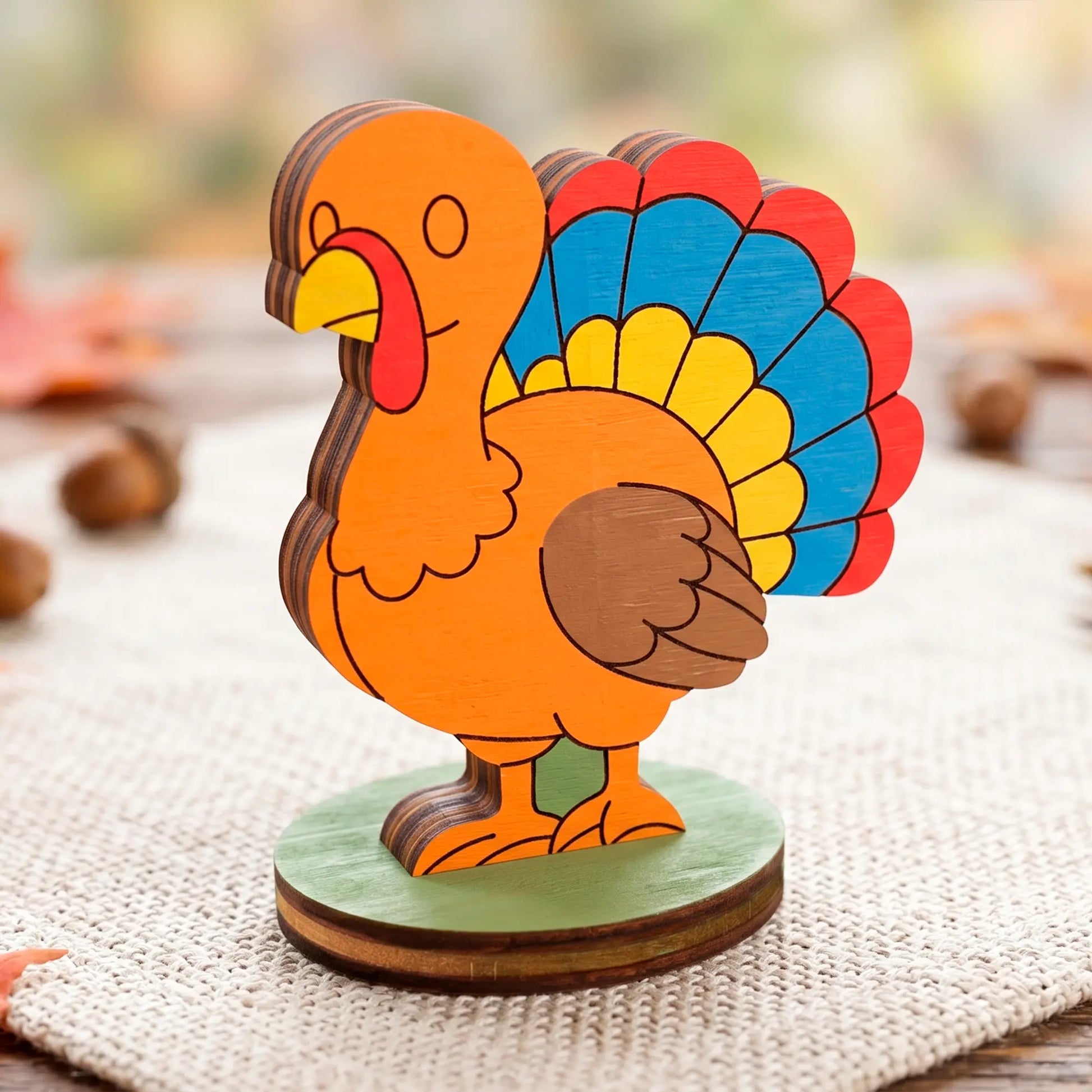 Colorful painted laser cut plywood turkey toy with bright blue, red, and yellow feathers on a green round stand.