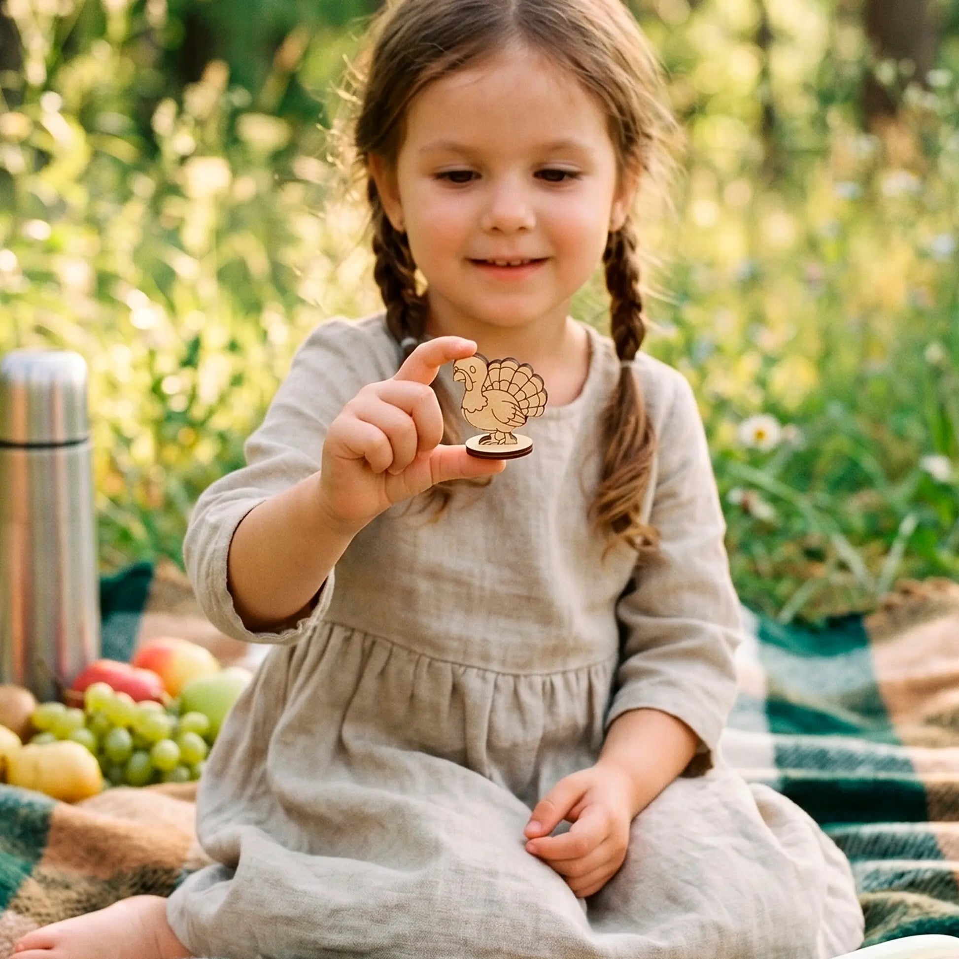 Little girl with braids sitting on a plaid blanket outdoors, holding a miniature laser cut plywood turkey figurine.