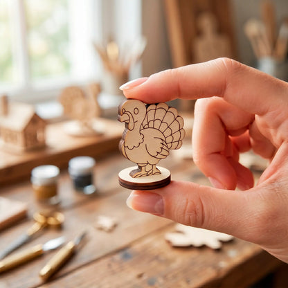 A person holding a tiny laser cut plywood turkey figurine between fingers over a workspace with woodcraft tools.