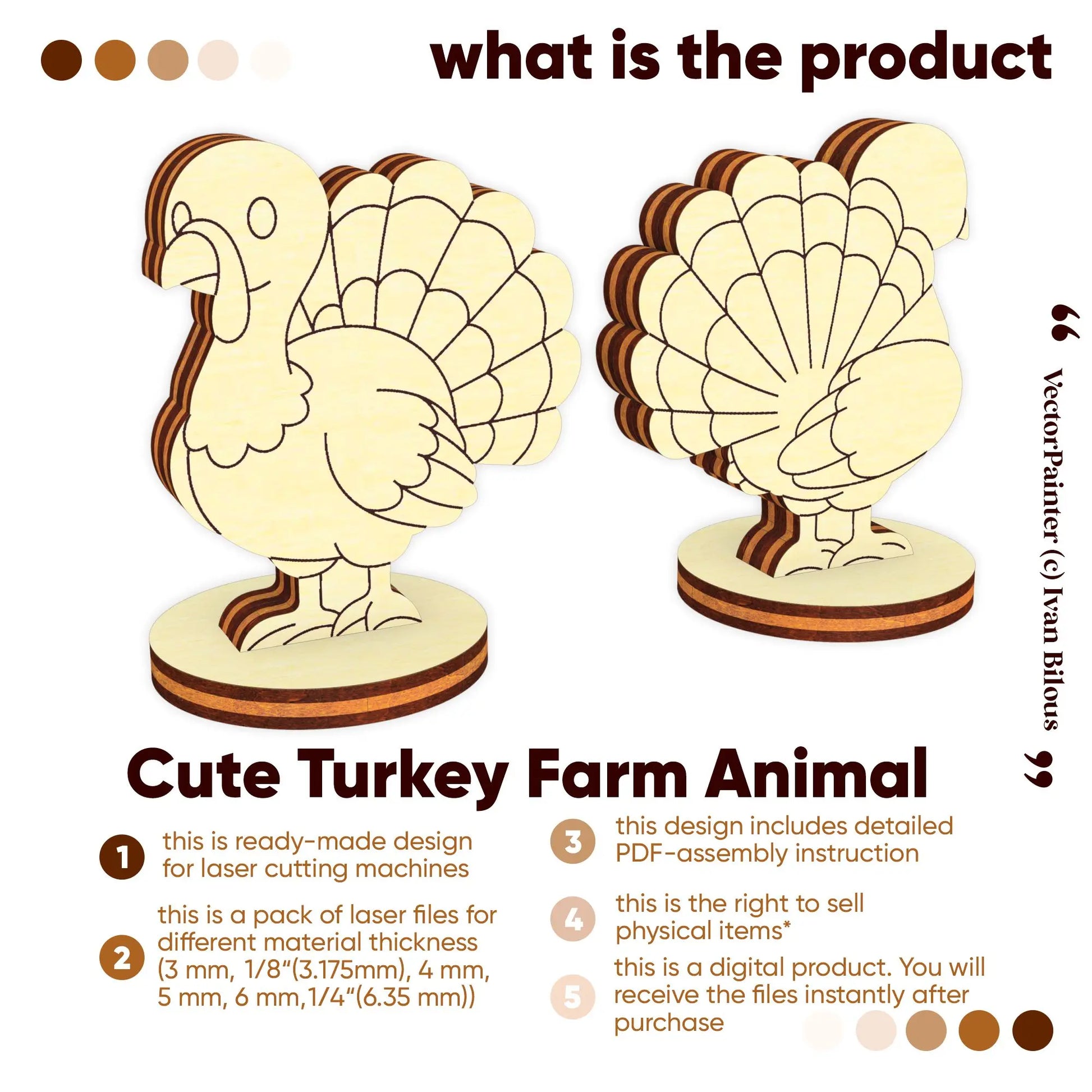 Product information infographic for a cute turkey laser cut plywood digital vector template pack with a PDF guide.