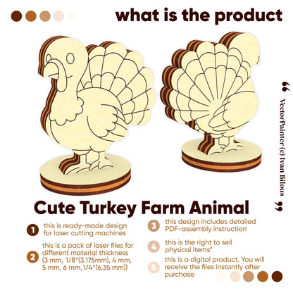 Product information infographic for a cute turkey laser cut plywood digital vector template pack with a PDF guide.