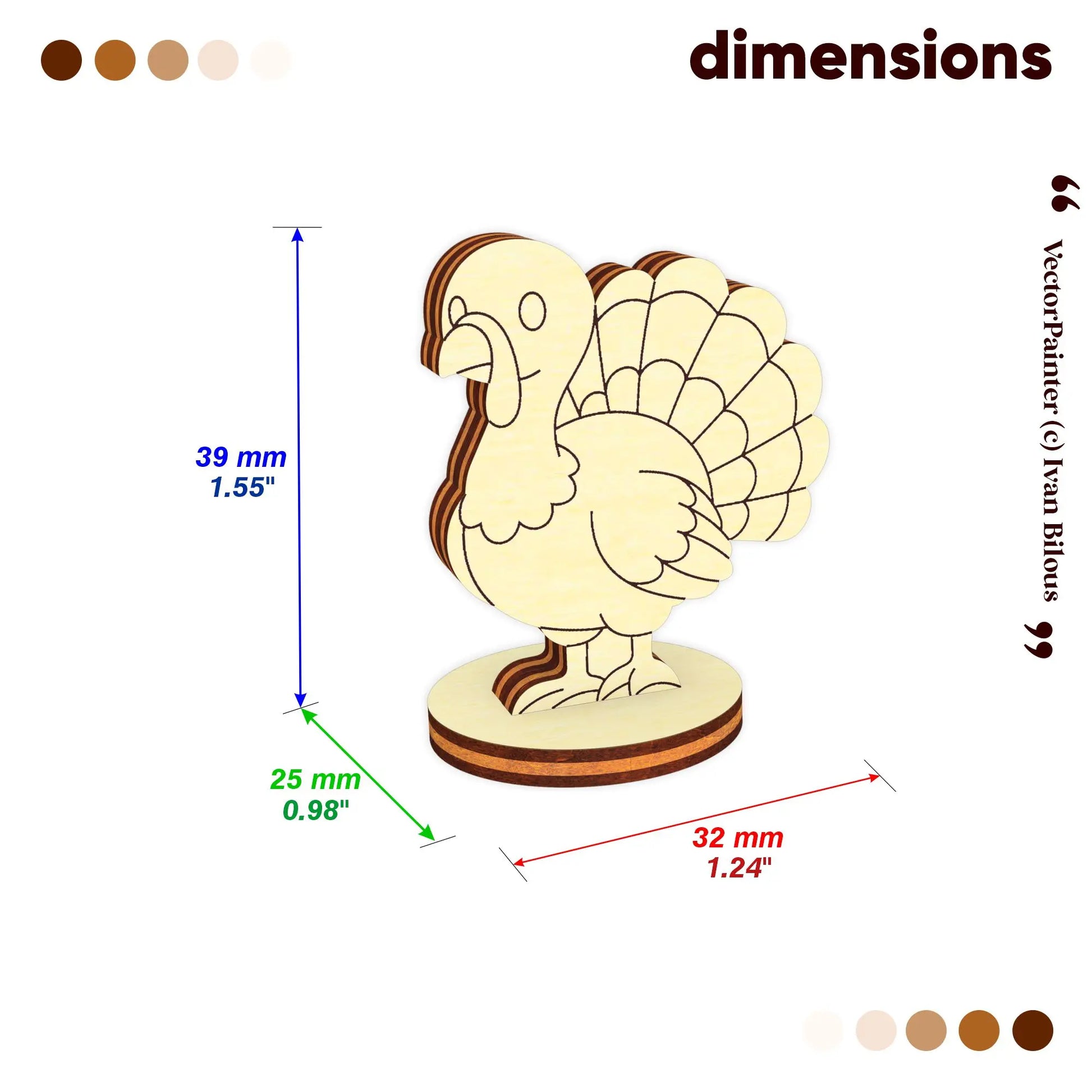 Size chart infographic for a laser cut plywood turkey toy showing 39mm height, 32mm length, and 25mm base width.