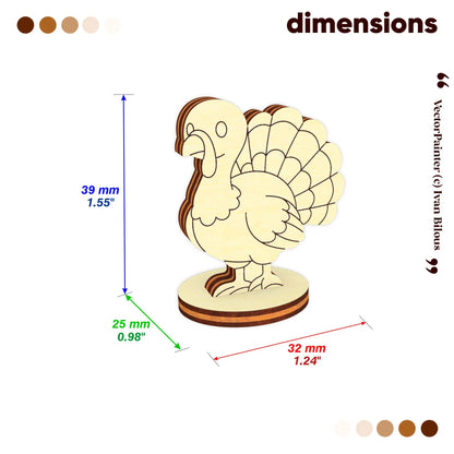 Size chart infographic for a laser cut plywood turkey toy showing 39mm height, 32mm length, and 25mm base width.