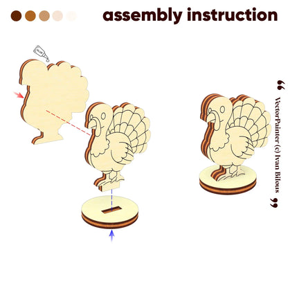 Step by step assembly instruction diagram showing how to glue and mount the laser cut plywood turkey onto its stand.