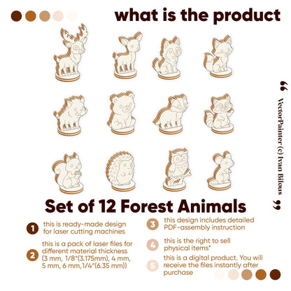 Overview graphic for laser cut plywood set of 12 woodland animal standing figurines, listing digital file details